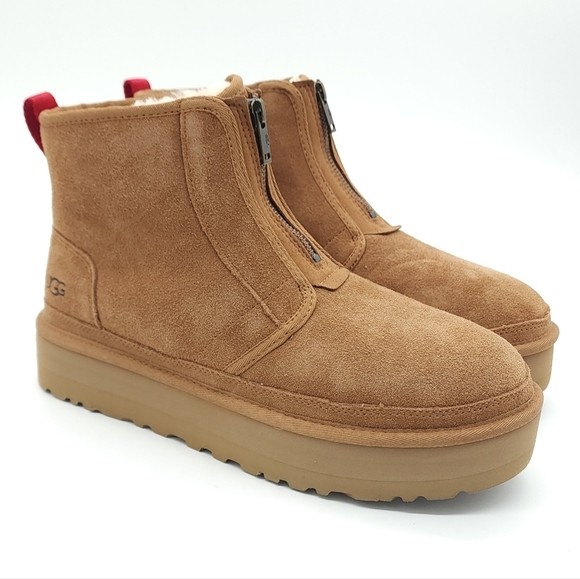 UGG Women Neumel Zip Platform Ankle Booties Chestnut Suede Plush Size 12 - Picture 4 of 12